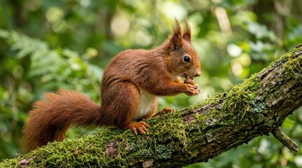 a red squirrel sits on a branch and eats a nut