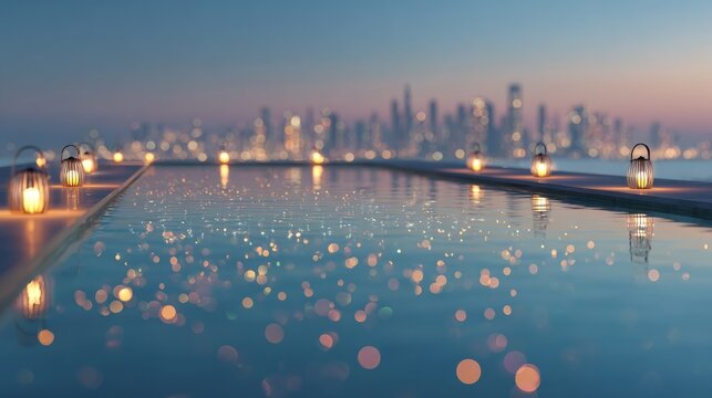 City Skyline Reflecting in Illuminated Pool at Dusk