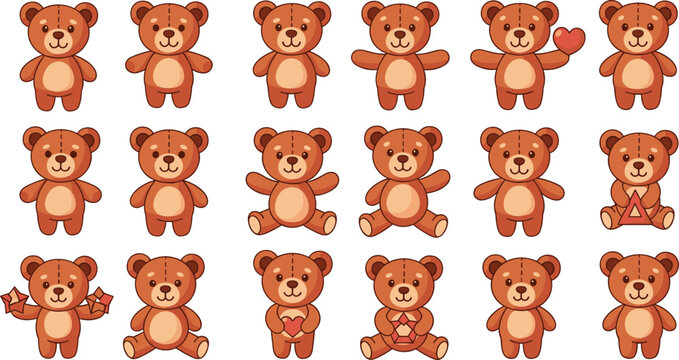 Cute teddy bear cartoon characters set with different poses and emotions, adorable plush toy illustrations for kids design, nursery prints, greeting cards, and stickers