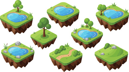 Isometric floating island landscape set with ponds, trees, grass, and rocks, fantasy nature terrain tiles for game design, environment maps, and adventure worlds © MSTSULTANA