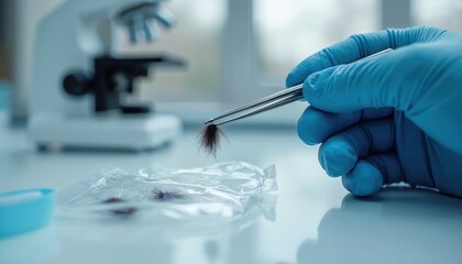 Scientist in blue gloves holds hair sample with tweezers over evidence bag. Microscope in lab background. DNA analysis, forensic investigation in progress. Close up macro shot.
