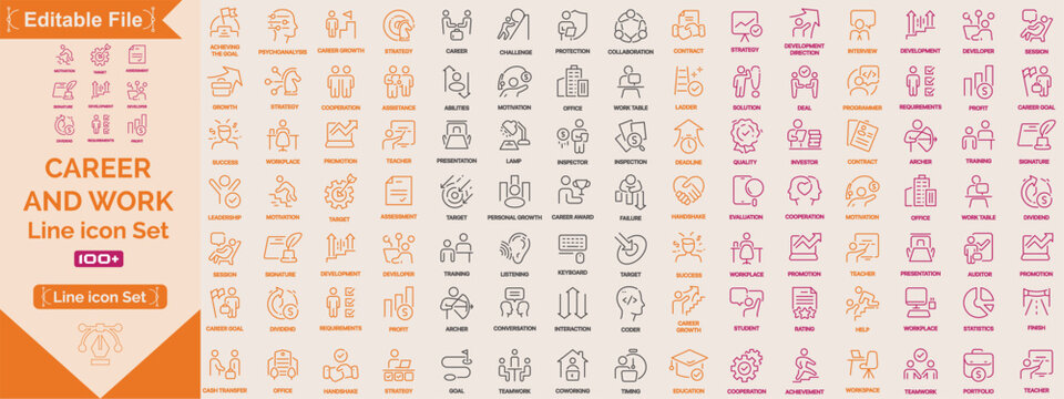 Career Work line editable icon set. Contain icons related to career, Containing training, training, skills, development, learning, mentorship, employment, Editable stroke. Vector Illustration.