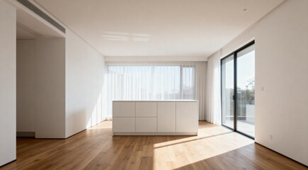 Fototapeta premium Modern Minimalist Interior with Wooden Floors and White Cabinets