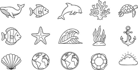 Hand-drawn marine life illustrations featuring animals and objects © Vitechek