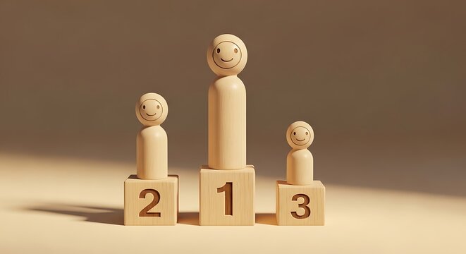 Three wooden phallus sculptures on numbered blocks in a row on a table