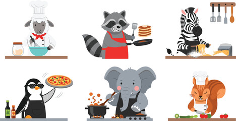 Fototapeta premium Cute Animal Chefs Collection with Raccoon, Elephant, Penguin, Zebra, Goat, and Squirrel Cooking in the Kitchen, Perfect for Food and Culinary Designs