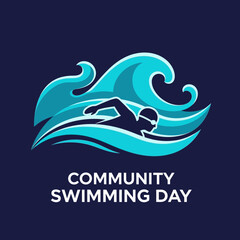 Fototapeta premium Inspiring Community Swimming Day Concept With Swimmer Silhouette And Dynamic Ocean Waves
