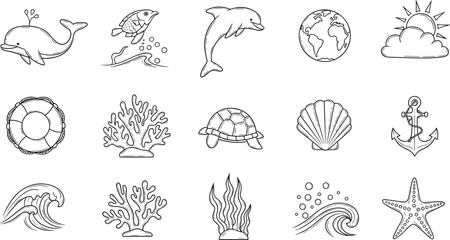 Collection of hand-drawn marine life and nautical elements in a simple line art style © Vitechek