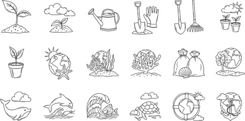 Collection of hand-drawn icons representing nature, gardening, and environmental conservation themes