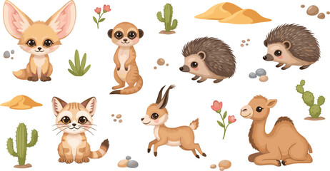Obraz premium Cute Desert Animals Cartoon Vector Set with Fennec Fox Meerkat Hedgehog Camel Wild Cat Antelope and Cactus Illustration Collection