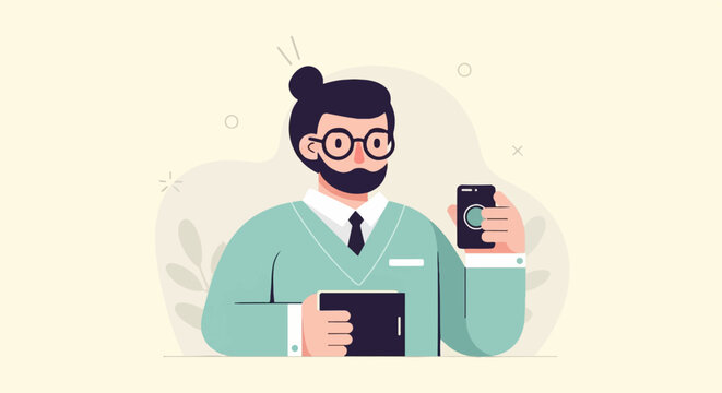A man with a bun hairstyle and glasses holds a phone