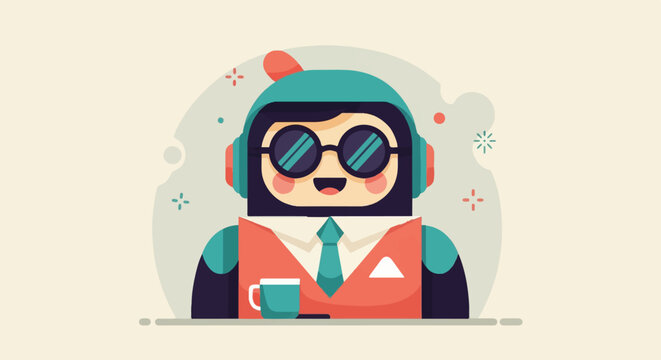 A cheerful cartoon robot with headphones, sunglasses, and a vest holding coffee