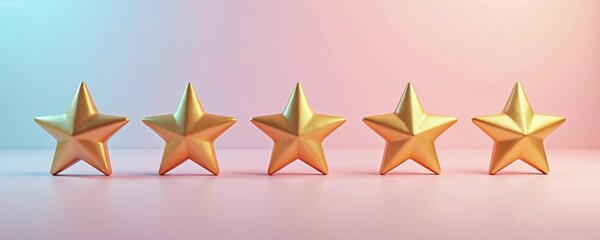 Fototapeta premium Five golden stars are displayed in a row on a pink background. This symbol represents top ratings, excellence, and high quality standards. Its perfect for representing success achievements.