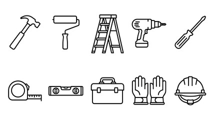 A clean line art illustration of various essential home repair and construction tools, including a hammer, paint roller, ladder, drill, and safety gear.