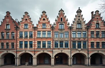 Fototapeta premium Row of historic brick houses with stepped gables and arched walkways. Buildings have ornate facades, brick patterns, and blue framed windows. Architectural style is typical for Northern Europe.