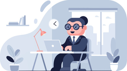 Naklejka premium Cheerful person working on a laptop at a desk in an office