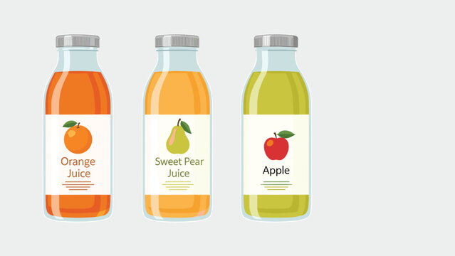 Three refreshing glass bottles of fruit juice, featuring orange, sweet pear, and apple flavors, with attractive labels for healthy beverages.