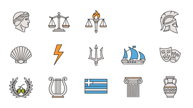 Extensive collection of ancient Greek and mythology-themed icons, featuring a statue head, scales, helmet, trident, ship, masks, and a Greek flag.