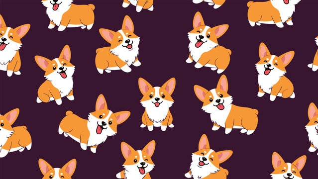 Charming seamless pattern featuring multiple cute Pembroke Welsh Corgi dogs in various playful poses, set against a dark purple background.