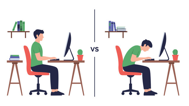 Visual comparison illustrating the difference between correct and incorrect posture while sitting at a computer desk, emphasizing ergonomics for health.