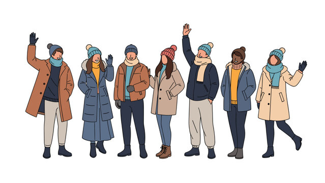 Diverse group of smiling individuals dressed in various stylish winter clothing, including hats, scarves, and coats, happily waving their hands.