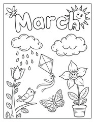 Fototapeta premium March month coloring page for kids featuring cute spring characters like sun flowers and butterfly on transparent background style