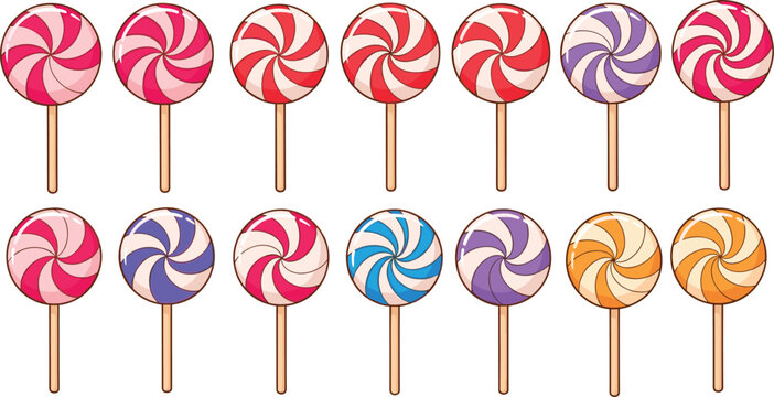 Colorful swirl lollipop candy set vector illustration with sweet spiral lollipops on sticks, dessert confectionery icons collection isolated on background