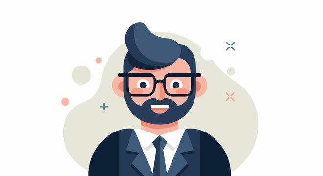 Cartoon man in suit and glasses with beard, with abstract shapes