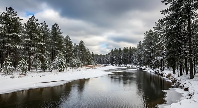 Serene winter landscape along a snow-covered riverbank. beavers bend oklahoma