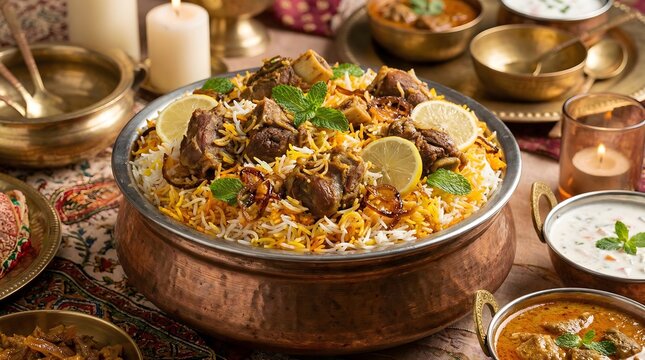 Premium Mutton Biryani Served in Large Traditional Copper Handi, Festive Indian Celebration Table with Curry, Raita, Candles, and Elegant Decor, Authentic Royal Feast.