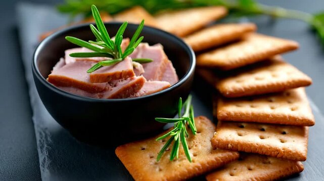 Delicious crackers and ham served on a black platter with fresh herbs in the kitchen