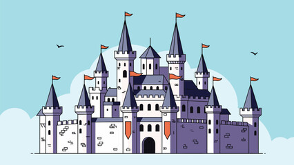 Obraz premium Majestic cartoon castle boasting multiple grand towers, vibrant flags, and sturdy fortifications, standing proudly under a bright blue sky with fluffy clouds.