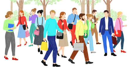 Obraz premium A group of people walking in a park with trees and greenery around them
