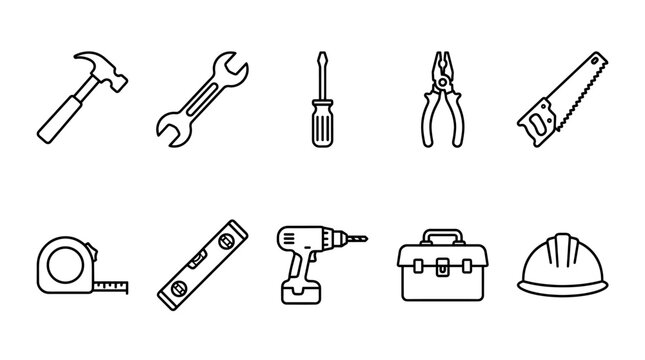 A clean, minimalist collection of black outline icons representing various construction and DIY tools, including a hammer, wrench, drill, and hard hat, set against a pristine white background.