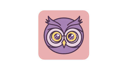 Fototapeta premium A purple owl head wearing round glasses, set against a soft pink rounded square background.
