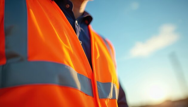 Worker in bright orange hi-vis vest. Blue shirt under safety garment. Clear blue sky background on sunny day. Outdoor work, construction site focus.
