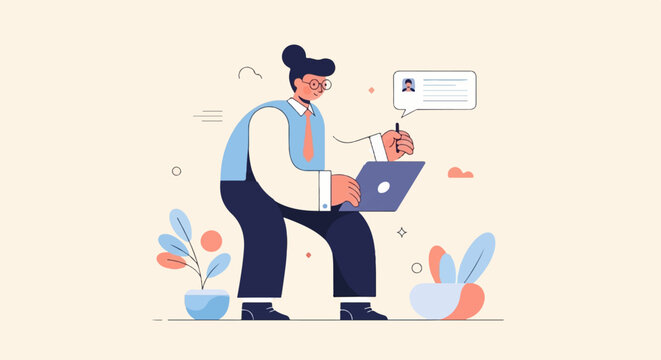 Animated person in glasses with bun types on laptop with chat bubble