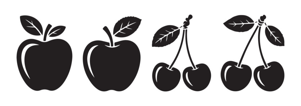 Apple and cherry fruit silhouette icons with leaves set isolated on white background healthy food vector