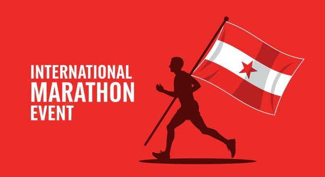 International Marathon Event: Silhouette Of Runner With Flag Against Red Background Design