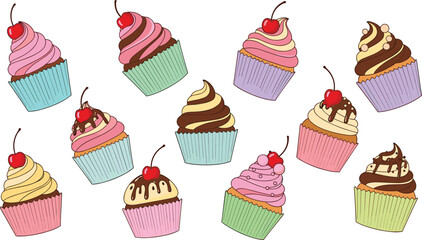 Colorful cupcake vector illustration set with cherry topping and chocolate frosting, sweet bakery dessert collection for party, birthday and cafe menu design