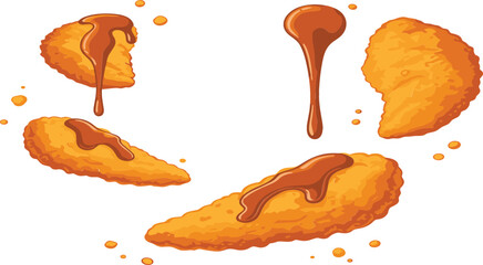 Crispy fried chicken strips and tenders vector set with dripping barbecue sauce and crunchy breadcrumbs isolated on white background for food menu. © MdEmdadul