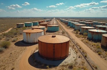 Naklejka premium Massive industrial oil storage tanks stretch across arid land under blue sky. Large metal containers with rust and peeling paint sit in rows beside dirt roads and sparse vegetation.