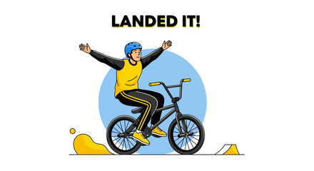 Fototapeta premium Joyful Bmx Rider Triumphantly Lands Trick Celebrating Achievement Victory