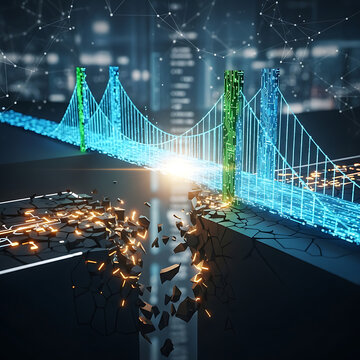 A futuristic digital bridge made of glowing lines connects across a chasm with exploding fragments, representing a solution.