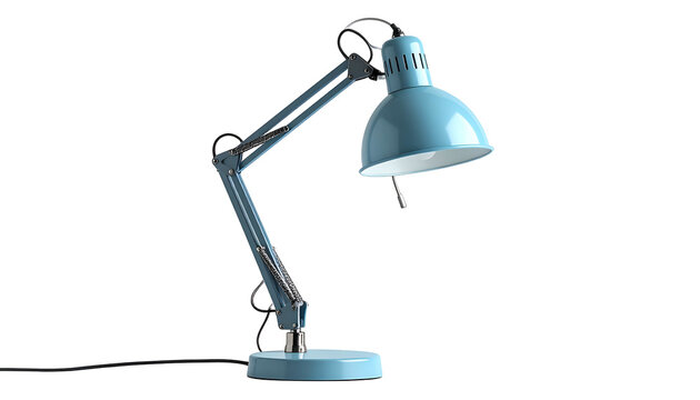 Blue articulated desk lamp, isolated on black, angled down. Clean, modern design