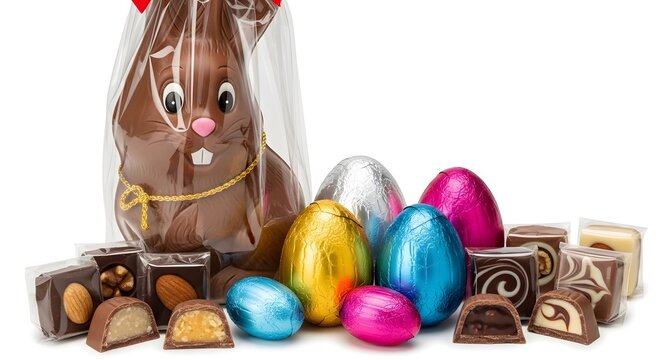 Chocolate easter bunny with colorful foil wrapped candy eggs