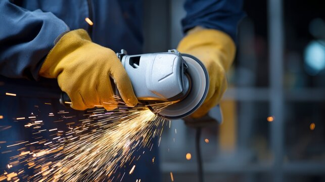 Worker using angle grinder with sparks flying