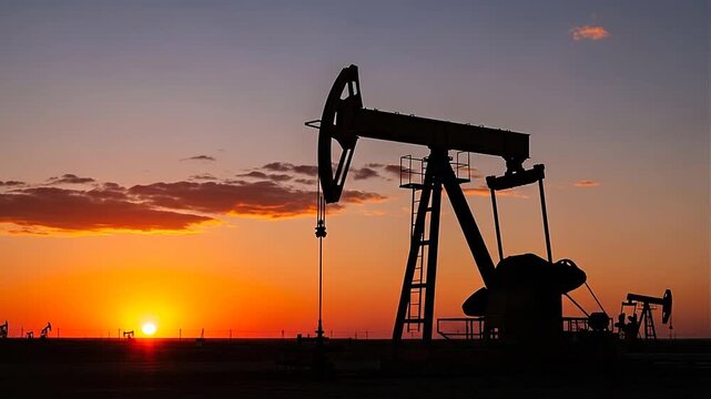 Oil pump jack at sunset landscape.