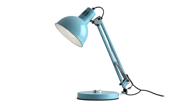 A classic teal articulated desk lamp, lit, with a black background