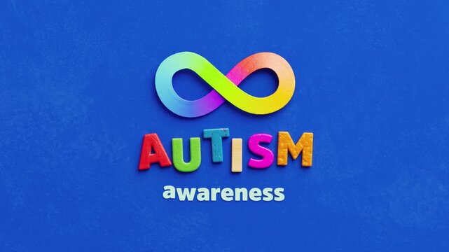Colorful autism awareness looping video with rainbow infinity symbol on blue background, representing neurodiversity acceptance and inclusive support campaign message in 3D animation